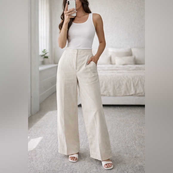 Theory Pants - Theory Linen Blend Wide Leg Pants Cream High Rise Minimalist Size 4